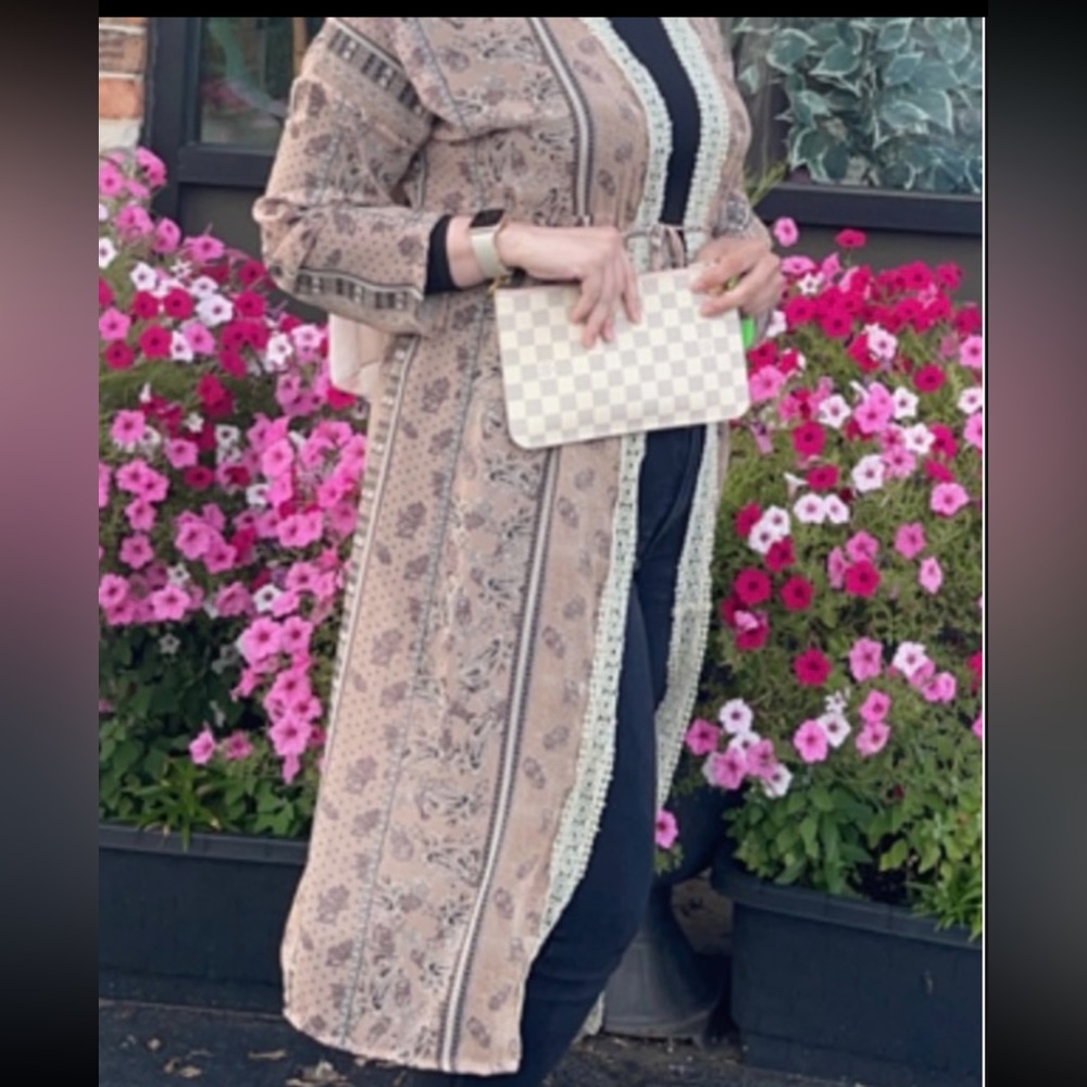 beige and brown floral Cardigan. Size L.